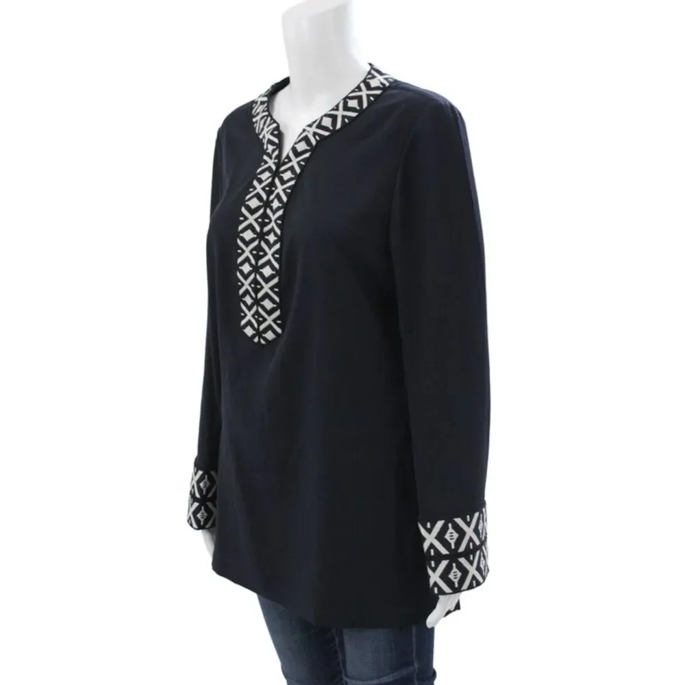 Tory Burch Women Tunic Blouse V-Neck Geometric Long Sleeve Zip Black Size 12
